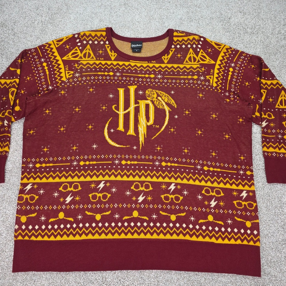 Harry Potter Holiday Sweater Burgundy Gold Fair Isle Hedwig Size 4 Plus Size